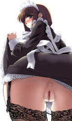 Rule 34 | anus, ass, bent over, blush, brown eyes, brown hair, clothes lift, hairband, kazumi yoshiyuki, lingerie, maid, no panties, pussy, pussy juice, short hair, skirt, skirt lift, solo, thighhighs, third-party edit, uncensored, underwear