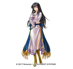 Rule 34 | 1girl, 2017, arms under breasts, black eyes, black hair, boots, breasts, cleavage, closed mouth, company name, crossed arms, expressionless, fire emblem, fire emblem: the blazing blade, fire emblem heroes, full body, karla, kita senri, large breasts, long hair, nintendo, official art, sash, side slit, simple background, solo, white background