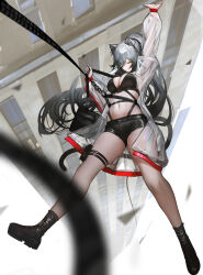 Rule 34 | 1girl, absurdres, animal ears, arknights, arm up, black footwear, black shirt, black shorts, boots, breasts, cat ears, cleavage, commentary, falling, full body, ganet p, grey hair, hair between eyes, highres, jacket, large breasts, long hair, looking at viewer, midriff, navel, open clothes, open jacket, orange eyes, ponytail, rappelling, schwarz (arknights), see-through, see-through jacket, shirt, short shorts, shorts, solo, very long hair, white jacket