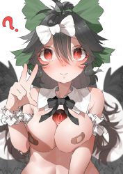 Rule 34 | 1girl, ?, absurdres, bandaid, bandaids on nipples, bird wings, black bow, black bowtie, black hair, black wings, blush, bow, bowtie, breasts, closed mouth, collar, commentary request, detached collar, green bow, hair between eyes, hair bow, highres, large breasts, long hair, looking at viewer, ninniku (mfu7324), pasties, ponytail, red eyes, reiuji utsuho, simple background, smile, solo, third eye, touhou, upper body, w, white background, white bow, white collar, wings, wrist cuffs