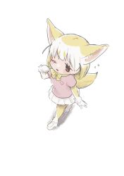 Rule 34 | 1girl, 54 3nu, animal ears, blonde hair, blush, bow, bowtie, brown eyes, commentary, elbow gloves, extra ears, fennec (kemono friends), fox ears, fox girl, fox tail, from above, fur trim, gloves, kemono friends, loafers, multicolored hair, one eye closed, pink sweater, pleated skirt, puffy short sleeves, puffy sleeves, shoes, short hair, short sleeves, skirt, solo, sweater, symbol-only commentary, tail, thighhighs, white footwear, white hair, white skirt, yellow bow, yellow bowtie, yellow gloves, yellow thighhighs, zettai ryouiki