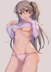 Rule 34 | 10s, 1girl, aged up, alternate breast size, blouse, breasts, brown eyes, clothes lift, commentary request, cowboy shot, eyes visible through hair, girls und panzer, hair between eyes, hair ribbon, highres, icomochi, light brown hair, long hair, long sleeves, looking at viewer, medium breasts, navel, no bra, no pants, open mouth, panties, purple shirt, ribbon, shimada arisu, shirt, shirt lift, side ponytail, simple background, skindentation, solo, standing, underboob, underwear
