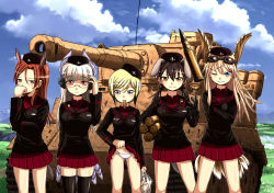 Rule 34 | 10s, 5girls, ammunition, animal ears, bag, bird tail, black gloves, blonde hair, blue eyes, brown eyes, brown hair, clothes lift, cloud, cloudy sky, cosplay, covering own mouth, day, dog ears, dog tail, erica hartmann, garrison cap, gertrud barkhorn, girls und panzer, glasses, gloves, goggles, goggles on head, grin, hanna-justina marseille, hat, head wings, headphones, heidimarie w. schnaufer, highres, long hair, low twintails, military, military uniform, military vehicle, minna-dietlinde wilcke, motor vehicle, mouth hold, multiple girls, navel, one eye closed, panties, red eyes, red hair, red skirt, shell (projectile), short hair, silver hair, skirt, skirt lift, sky, smile, strike witches, sweatdrop, tail, tank, thighhighs, twintails, underwear, uniform, white panties, wings, witches of africa, wolf ears, wolf tail, world witches series, zatou (kirsakizato)