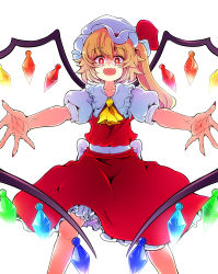 Rule 34 | 1girl, absurdres, baba (baba seimaijo), baba (pixiv3422465), bad id, bad pixiv id, fangs, fingernails, flandre scarlet, highres, long fingernails, nail polish, outstretched arms, red eyes, red nails, sharp fingernails, solo, touhou, white background, wings