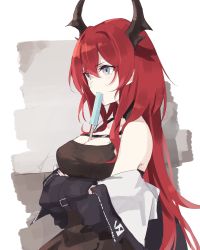 Rule 34 | 1girl, arknights, bare shoulders, black dress, breasts, commentary request, crossed arms, demon horns, detached collar, dress, food, food in mouth, food on body, food on breasts, highres, horns, jacket, long hair, off shoulder, popsicle, red hair, sleeveless, sleeveless dress, solo, stardust-kun, surtr (arknights)
