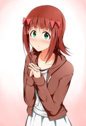 Rule 34 | 1girl, amami haruka, bad id, bad pixiv id, bow, brown hair, collarbone, eyebrows, green eyes, hair bow, idolmaster, idolmaster (classic), interlocked fingers, kiu (dear deer), looking at viewer, own hands clasped, own hands together, red bow, short hair, solo