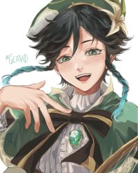 Rule 34 | 1boy, androgynous, aqua hair, bard, beret, black hair, blue hair, braid, commentary, flower, gem, genshin impact, getoadd, gradient hair, green eyes, green gemstone, hair ornament, harp, hat, highres, instrument, jewelry, looking at viewer, male focus, multicolored hair, open mouth, simple background, smile, solo, teeth, twin braids, twitter username, upper teeth only, venti (genshin impact)