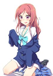 Rule 34 | 10s, 1girl, age regression, blazer, blush, clearite, flying sweatdrops, jacket, long hair, love live!, love live! school idol project, nishikino maki, open mouth, oversized clothes, panties, panties around leg, purple eyes, red hair, school uniform, short hair, skirt, skirt around one leg, sleeves past wrists, solo, underwear, aged down