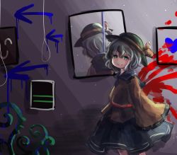 Rule 34 | 1girl, blood, blood splatter, cardiogram, commentary, death, different reflection, frills, green eyes, green hair, hanged, hat, hat ribbon, heart, heart of string, kanno fumiroku, komeiji koishi, long sleeves, mirror, noose, one-hour drawing challenge, reflection, ribbon, rope, sad smile, shaded face, shirt, short hair, skirt, smile, solo, suicide, tears, touhou, wide sleeves