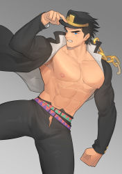 Rule 34 | 1boy, abs, absurdres, bara, black hair, blue eyes, chain, coat, gakuran, hat, highres, hunterkay, jojo no kimyou na bouken, kuujou joutarou, large pectorals, long coat, looking at viewer, male focus, manly, muscular, nipples, open clothes, open coat, pectorals, school uniform, topless male, solo, thick thighs, thighs