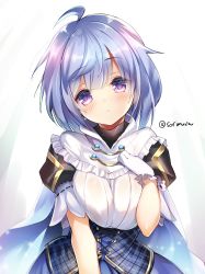 Rule 34 | 1girl, ahoge, blue hair, breasts, cape, cleavage, corset, cowboy shot, expressionless, flower knight girl, gloves, highres, ipheion (flower knight girl), large breasts, looking at viewer, plaid, purple eyes, short hair, simple background, solo, sorimura youji, twitter username, white background, white gloves