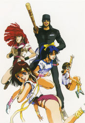 Rule 34 | 1980s (style), 1boy, 4girls, amano kazumi, arm up, blue hair, brown eyes, brown hair, finger to mouth, floating hair, headband, highres, higuchi kimiko, holding, holding weapon, jung freud, leotard, lipstick, long sleeves, looking at viewer, makeup, md5 mismatch, mikimoto haruhiko, multiple girls, official art, retro artstyle, open mouth, ponytail, red hair, retro artstyle, scan, shinai, shoes, short sleeves, simple background, sneakers, sword, takaya noriko, tank top, top wo nerae!, waving, weapon, white background