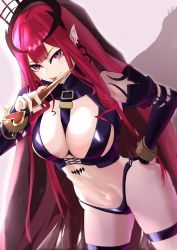 Rule 34 | 1girl, absurdres, bare shoulders, black panties, bracelet, breasts, bridal gauntlets, dagger, detached sleeves, earrings, baobhan sith (fate), baobhan sith (second ascension) (fate), fate/grand order, fate (series), highres, jewelry, knife, kugiseiichi, large breasts, long hair, looking at viewer, navel, panties, pink hair, pointy ears, purple eyes, revealing clothes, sidelocks, smile, solo, spiked bracelet, spikes, thigh strap, thighs, tiara, tongue, tongue out, underwear, veil, weapon