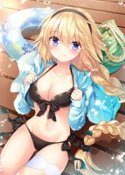Rule 34 | 1girl, bag, bikini, black bikini, blonde hair, blue eyes, blue jacket, blush, braid, breasts, cleavage, closed mouth, collarbone, commentary request, fate/grand order, fate (series), front-tie bikini top, front-tie top, gluteal fold, groin, hair ornament, hair scrunchie, hairband, halterneck, innertube, jacket, jeanne d&#039;arc (fate), jeanne d&#039;arc (ruler) (fate), jeanne d&#039;arc (swimsuit archer) (fate), jeanne d&#039;arc (swimsuit archer) (first ascension) (fate), large breasts, long hair, long sleeves, looking at viewer, navel, nogi takayoshi, open clothes, open jacket, scrunchie, side-tie bikini bottom, single braid, sitting, smile, solo, swim ring, swimsuit, very long hair