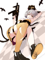 Rule 34 | 1girl, animal ears, armpits, black panties, breasts, cat ears, girls&#039; frontline, gun, hand on weapon, highres, holding, holding weapon, looking at viewer, lumo 1121, lying, medium breasts, medium hair, official alternate costume, on back, on floor, panties, pantyshot, shoes, silver hair, single thighhigh, solo, thighhighs, torn clothes, torn thighhighs, underwear, vector (girls&#039; frontline), vector (kitty paws) (girls&#039; frontline), weapon, yellow eyes, yellow thighhighs