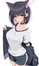 Rule 34 | 1girl, absurdres, animal ears, black hair, black jacket, black shorts, blue archive, blush, breasts, cat ears, closed mouth, cowboy shot, extra ears, gym shirt, gym shorts, gym uniform, hair ornament, hairclip, halo, highres, jacket, kazusa (blue archive), large breasts, looking at viewer, pink hair, pink halo, red eyes, shirt, short hair, shorts, simple background, solo, suiroh (shideoukami), track jacket, white background, white shirt