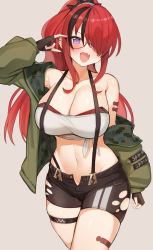 Rule 34 | 1girl, :d, absurdres, bandeau, bare shoulders, bike shorts, bike shorts under shorts, black hair, black shorts, blush, bra, breasts, camouflage, camouflage jacket, choco tanuki, ear piercing, fang, fingerless gloves, gloves, green jacket, hair over one eye, highres, jacket, lain paterson, lain paterson (1st costume), large breasts, long hair, looking at viewer, micro shorts, multicolored hair, navel, nijisanji, off shoulder, open clothes, open fly, open mouth, open shorts, piercing, ponytail, pouch, purple eyes, red bra, red hair, shirt, shorts, skin fang, skindentation, smile, solo, stomach, strapless, strapless bra, streaked hair, suspender shorts, suspenders, thigh strap, tied shirt, tube top, underwear, virtual youtuber, white tube top