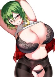 Rule 34 | 1girl, breasts, crotchless, crotchless pantyhose, green hair, highres, huge breasts, kazami yuuka, lingerie, one eye closed, pantyhose, red eyes, short hair, simple background, solo, tiamat (momokuri mannen), touhou, underwear, white background