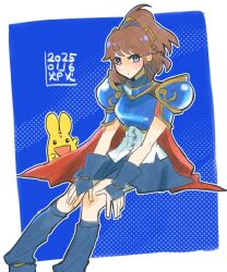 1girl :o arle_nadja armor artist_name blue_skirt brown_eyes brown_hair cape carbuncle_(puyopuyo) dated foot_out_of_frame half_updo invisible_chair looking_at_viewer medium_hair puyopuyo red_cape robingdon short_ponytail sitting skirt solo