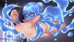 Rule 34 | 1boy, 1girl, absurdres, all the way through, black hair, blue eyes, blue hair, blue skin, blush, calum (existence), colored skin, commentary, consensual tentacles, english commentary, existence, femdom, game cg, glasses, hair bun, highres, imminent anal, imminent penetration, monster girl, multicolored hair, nipple stimulation, nipple tweak, nipples, oral, penis, rectangular eyewear, rumi (existence), semi-rimless eyewear, single hair bun, slime girl, suspension, tentacle sex, tentacles, tentacles on male, tongue, tongue out, trap, two-tone hair, uncensored, uosaasou