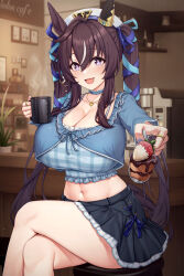Rule 34 | 1girl, absurdres, alternate breast size, animal ears, bar stool, beret, black skirt, blue shirt, breasts, brown hair, cafe, cake, cleavage, coffee maker, collarbone, commentary request, crossed legs, cup, food, fruit, hair between eyes, hair ornament, hair ribbon, hat, heart, heart necklace, highres, holding, holding cup, holding food, holding spoon, horse ears, horse girl, horse tail, huge breasts, indoors, jewelry, kannko bokujou, long hair, looking at viewer, midriff, multicolored hair, navel, necklace, open mouth, purple eyes, ribbon, shirt, sidelocks, sitting, skirt, smile, solo, spoon, steam, stool, strawberry, streaked hair, tail, thighs, twintails, two-tone hair, umamusume, very long hair, vivlos (umamusume), white hair, white hat