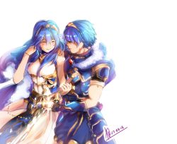 Rule 34 | arm guards, armor, blue eyes, blue hair, bride, caeda (fire emblem), cape, dated, fire emblem, fire emblem: mystery of the emblem, fire emblem: new mystery of the emblem, fire emblem: shadow dragon, fire emblem: shadow dragon and the blade of light, fire emblem heroes, hand grab, holding, holding sword, holding weapon, jewelry, long hair, marth (fire emblem), nintendo, signature, smile, sword, tears, weapon