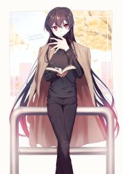 Rule 34 | 1boy, alternate costume, androgynous, bad id, bad twitter id, bishounen, black pants, black shirt, book, brown hair, casual, contemporary, crossed legs, fate/grand order, fate (series), feet out of frame, hat, highres, jacket, jacket on shoulders, leaning back, long hair, long sleeves, looking at viewer, male focus, mask, unworn mask, oda nobukatsu (fate), open book, open hand, pants, red eyes, shirt, sidelocks, solo, tsuyukusa (eeta7273), very long hair