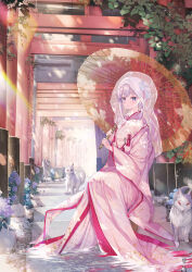 Rule 34 | 1girl, :o, absurdres, animal, blue eyes, blue flower, blush, commentary request, day, flower, fox, grey hair, hair flower, hair ornament, highres, hiiraki asuka, holding, holding umbrella, japanese clothes, kimono, long hair, long sleeves, looking at viewer, multiple torii, oil-paper umbrella, outdoors, parted lips, pink kimono, shallow water, sitting, solo, sousouman, stairs, stone stairs, sunlight, torii, transparent, transparent umbrella, twinbox school, umbrella, veil, very long hair, water, wide sleeves