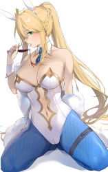 Rule 34 | 1girl, ahoge, alcohol, animal ears, artoria pendragon (all), artoria pendragon (fate), artoria pendragon (swimsuit ruler) (fate), bad id, bad pixiv id, blonde hair, blue necktie, blue pantyhose, blush, braid, breasts, clothing cutout, cup, detached collar, drinking glass, fake animal ears, fate/grand order, fate (series), feather boa, fishnet pantyhose, fishnets, french braid, green eyes, hair between eyes, highleg, highleg leotard, highres, large breasts, leotard, long hair, looking at viewer, navel, navel cutout, necktie, neee-t, open mouth, pantyhose, playboy bunny, ponytail, pouring, pouring onto self, rabbit ears, sidelocks, simple background, sitting, solo, thigh strap, thighs, tiara, wariza, white background, white leotard, wine, wine glass, wrist cuffs
