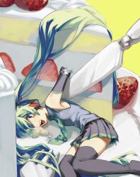 Rule 34 | 1girl, absurdly long hair, amputee, aqua hair, aqua necktie, black footwear, black skirt, boots, cake, collared shirt, commentary request, detached sleeves, everything is cake (meme), feet out of frame, food, fork, from above, grey shirt, hair flowing over, hatsune miku, headphones, highres, in food, knife, long hair, looking at viewer, looking up, lying, meme, mini person, minigirl, necktie, on side, open mouth, pleated skirt, shirt, shoulder tattoo, skirt, sleeveless, sleeveless shirt, smile, solo, strawberry shortcake, tattoo, thigh boots, thighhighs, twintails, utensil, very long hair, vocaloid, x oo39, yellow background, zettai ryouiki