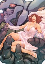 Rule 34 | 1girl, alternate breast size, bouquet, breasts, bridal veil, cleavage, dress, dunbine, closed eyes, flower, holding, holding bouquet, holding person, large breasts, marvel frozen, mecha, open mouth, plump, red eyes, robot, seisenshi dunbine, thick thighs, thigh strap, thighs, veil, vigwer, wedding dress