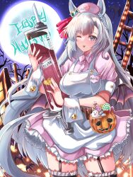 Rule 34 | 1girl, ;p, absurdres, animal ears, apron, black thighhighs, braid, candy, character name, closed mouth, collared dress, commentary, cowboy shot, demon wings, dress, ear ornament, english text, food, frilled dress, frilled thighhighs, frills, full moon, garter straps, grey eyes, grey hair, halloween, halloween bucket, halloween costume, happy halloween, hat, highres, holding, horse ears, horse girl, horse tail, kentan (kingtaiki), light particles, long hair, looking at viewer, low wings, mejiro ardan (umamusume), moon, name tag, night, night sky, nurse cap, one eye closed, outdoors, oversized object, pink dress, pink hat, pink wings, puffy short sleeves, puffy sleeves, short dress, short sleeves, sky, smile, solo, standing, syringe, tail, thighhighs, tongue, tongue out, translated, umamusume, very long hair, white apron, wing collar, wings, wrist cuffs