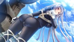 Rule 34 | 1girl, ass, blunt bangs, blush, bodysuit, breasts, cloud, day, dutch angle, female focus, floating hair, from below, game cg, groin, gun knight girl, hairband, half-closed eyes, hand up, huge ass, large breasts, legs, legs apart, light blush, light smile, long hair, looking at viewer, looking down, outdoors, parted lips, red eyes, shiny clothes, skin tight, sky, smile, solo, standing, sumeragi kohaku, takato sayako, thighs, very long hair, white hair
