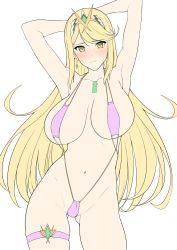Rule 34 | 1girl, arms behind head, bikini, blonde hair, blush, breasts, chest jewel, earrings, gem, halcon, headpiece, highres, jewelry, large breasts, long hair, looking at viewer, mythra (xenoblade), nintendo, simple background, sketch, solo, swimsuit, thigh strap, tiara, unfinished, xenoblade chronicles (series), xenoblade chronicles 2, xenoblade chronicles (series), xenoblade chronicles 2, yellow eyes