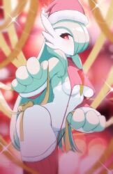 Rule 34 | 1girl, arched back, artist name, blurry, blurry background, blurry foreground, blush, breasts, colored skin, cowboy shot, creatures (company), dated, detached sleeves, earrings, female focus, from side, fur-trimmed headwear, fur-trimmed sleeves, fur-trimmed thighhighs, fur trim, game freak, gardevoir, gen 3 pokemon, green skin, hair over one eye, hand up, hat, highres, jewelry, long hair, looking back, medium breasts, meme attire, multicolored skin, multiple earrings, navel, nintendo, one eye covered, panties, peach-cup, pokemon, pokemon (creature), red background, red eyes, red hat, red panties, red sleeves, red thighhighs, revealing clothes, ribbed thighhighs, ribbon, santa hat, signature, solo, sparkle, standing, string panties, stud earrings, thighhighs, two-tone skin, underboob, underwear, very long hair, virgin destroyer sweater, white skin, yellow pupils, yellow ribbon