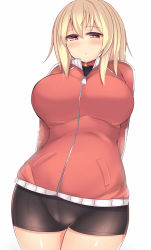Rule 34 | 1girl, arms behind back, bike shorts, blonde hair, blush, breasts, cameltoe, collar, curvy, female focus, highres, jacket, kubiwa (kutan), kutan, large breasts, long hair, looking at viewer, original, pout, red eyes, simple background, solo, standing, thick thighs, thighs, track jacket, wide hips