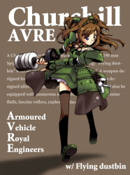 Rule 34 | 1girl, acea4, ammunition, blue eyes, brown hair, dress, mecha musume, military, military vehicle, mortar (weapon), motor vehicle, original, shell (projectile), solo, tank, thighhighs, vehicle, world war ii