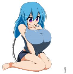 Rule 34 | 1girl, blue hair, blush, breast press, breasts, cleavage, giant, giantess, highres, huge breasts, long hair, mgear, moralgear, open mouth, purple eyes, simple background, sitting, solo, swimsuit