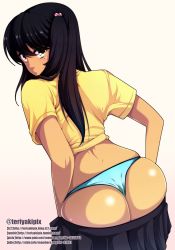 Rule 34 | 1girl, :o, ass, bad id, bad nijie id, black hair, brown eyes, clothes pull, hair bobbles, hair ornament, highres, hiromin, long hair, original, panties, side ponytail, simple background, skindentation, skirt, skirt pull, solo, standing, tan, underwear, undressing, white background