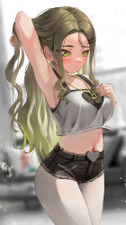 Rule 34 | 1girl, arm up, armpits, bare arms, black shorts, blurry, blurry background, blush, breasts, closed mouth, crop top, green eyes, green hair, hair ornament, hairclip, highres, indoors, iruka blue (torriet), jewelry, large breasts, long hair, looking away, navel, necklace, original, pantyhose, shirt, short shorts, shorts, solo, swimsuit, thighs, torriet, very long hair, white pantyhose, white shirt