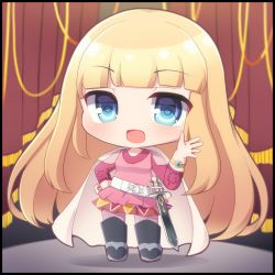 Rule 34 | 1girl, :d, belt, belt buckle, black footwear, blonde hair, blue eyes, blunt bangs, blush, boots, brown skirt, buckle, cape, chibi, commentary request, curtains, fringe trim, full body, hand on own hip, hand up, highres, long hair, long sleeves, looking at viewer, monica (romancing saga 3), open mouth, pantyhose, pink pantyhose, pink shirt, pleated skirt, rensei, romancing saga 3, saga, shirt, skirt, smile, solo, standing, sword, thigh boots, very long hair, weapon, white belt, white cape