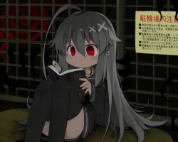Rule 34 | 1girl, ahoge, bell, black hoodie, black thighhighs, blood, blood stain, blush, book, closed mouth, collar, commentary request, convenient leg, dark-skinned female, dark skin, english text, feet out of frame, fence, grey hair, hair between eyes, hair flaps, hands up, holding, holding book, hood, hood down, hoodie, huge ahoge, jingle bell, kisaragi kaya, knees up, long hair, long sleeves, metal collar, monster, neck bell, on ground, open book, original, pointy ears, reading, red eyes, side-tie peek, sitting, solo, thighhighs, translation request, very long hair, yste