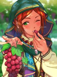 Rule 34 | 1boy, aoi hinata, blurry, blurry background, blush, brown hair, eating, ensemble stars!, food, fruit, grapes, green eyes, holding, holding food, holding fruit, jewelry, long sleeves, looking at viewer, male focus, necklace, one eye closed, solo, togi9999, twitter username, upper body, veil