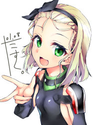 Rule 34 | 1girl, absurdres, arm warmers, black hairband, blonde hair, bodysuit, commentary request, dated, diving suit, flat chest, hairband, highres, kantai collection, looking at viewer, luigi torelli (kancolle), narumiya (empty cafe), one-hour drawing challenge, open mouth, short hair, signature, simple background, sleeveless, smile, solo, uit-25 (kancolle), upper body, wetsuit, white background