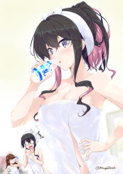 Rule 34 | 3girls, black hair, blush, bottle, breast envy, breasts, brown hair, cleavage, glasses, hair up, hand on own hip, holding, kantai collection, large breasts, long hair, mikage takashi, milk bottle, multicolored hair, multiple girls, naganami (kancolle), naked towel, ooyodo (kancolle), open mouth, pink hair, shaded face, sidelocks, sweat, towel, towel on head, twitter username, two-tone hair, wavy hair