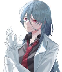 Rule 34 | 1girl, black shirt, blue hair, breasts, buttons, collared jacket, collared shirt, gloves, hair between eyes, hands up, highres, honkai: star rail, honkai (series), jacket, lips, long hair, long sleeves, looking to the side, low ponytail, medium breasts, mole, mole under mouth, natasha (honkai: star rail), necktie, open clothes, open jacket, pink eyes, ponytail, red necktie, reki (user rcrd4534), shirt, sidelocks, simple background, smile, solo, teeth, upper body, white background, white gloves, white jacket