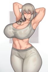 Rule 34 | 1girl, absurdres, armpits, arms behind head, arms up, bare shoulders, blush, breasts, cleavage, closed eyes, collarbone, grey hair, grey pants, grey sports bra, grin, hair over shoulder, highres, huge breasts, kelvin hiu, long hair, low tied hair, mature female, navel, pants, smile, solo, sports bra, standing, thighs, tight clothes, tight pants, uzaki-chan wa asobitai!, uzaki tsuki, wide hips, yoga pants