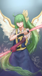 Rule 34 | 1girl, absurdly long hair, absurdres, closed eyes, closed mouth, commentary request, cookie (touhou), cowboy shot, d tomoki, daiyousei, diyusi (cookie), dress, dual wielding, energy sword, fairy wings, feathers, green hair, high-visibility vest, highres, holding, lightsaber, long hair, necktie, pinafore dress, shirt, sleeveless dress, solo, sword, touhou, very long hair, weapon, white shirt, wings, yellow necktie