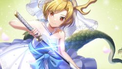 Rule 34 | 1girl, alternate costume, antlers, bare shoulders, blonde hair, blue bow, bow, brown eyes, collarbone, diffraction spikes, dragon girl, dragon horns, dragon tail, dress, glint, holding, holding sword, holding weapon, horns, jewelry, katana, kicchou yachie, necklace, rome35793562, sheath, short hair, smile, solo, sword, tail, touhou, touhou danmaku kagura, unsheathing, weapon