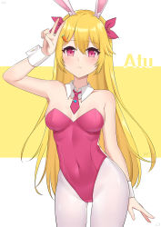 Rule 34 | 1girl, :&lt;, animal ear fluff, animal ears, arm up, bare shoulders, blonde hair, blush, breasts, carrot hair ornament, closed mouth, collar, commentary request, copyright request, covered navel, detached collar, fake animal ears, food-themed hair ornament, hair between eyes, hair ornament, hair ribbon, highres, leotard, long hair, medium breasts, necktie, pantyhose, playboy bunny, purple eyes, purple leotard, purple necktie, purple ribbon, rabbit ears, ribbon, short necktie, solo, strapless, strapless leotard, two-tone background, v, very long hair, white background, white collar, white pantyhose, wing collar, wrist cuffs, yellow background, ying jing meng